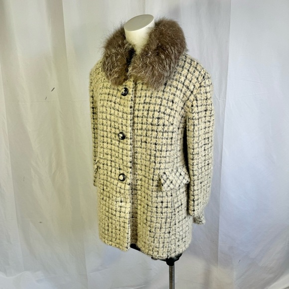 VINTAGE WOOL TWWED TRENCH COAT VINTAGE FUR VOAT CREAM BLACK  PLAID PATTERN S - Picture 8 of 17